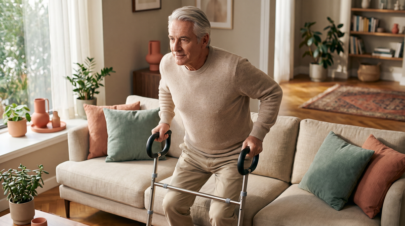 Man rising confidently from his sofa using both SteadyRail handles